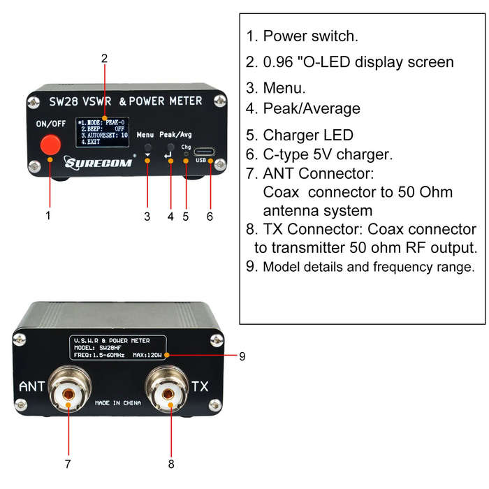 Black - HF Walkie Talkie SW-28HF 15-60MHz 120W Power SWR VSWR Meter Type-C USB Portable Lightweight