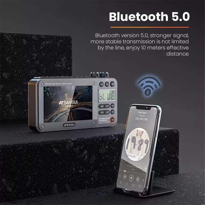 Grey - SANSUI F50 Portable FM Radio 4.3-inch Display Wireless bluetooth Speaker Built-in 2.5 inch Ma
