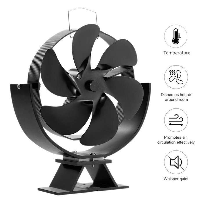 Black - 6 Blade Wood Burner Fireplace Fan Mini Heat Powered Stove Fan Eco-fan Quiet Home Efficient H