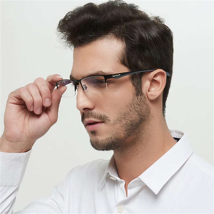 +300 - Anti-blue Light Ultra-light Mens Business Half Rimless Reading Glasses Metal Rectangular Pres