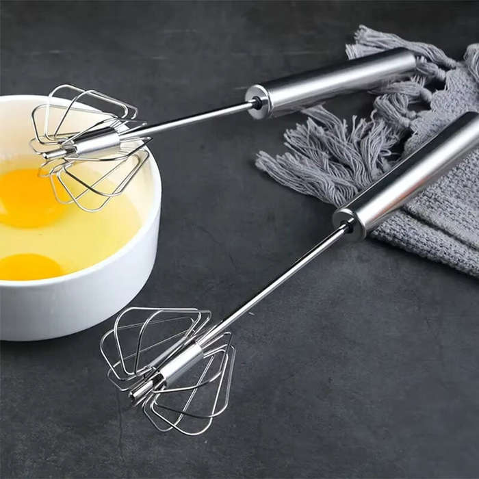 Silver - Stainless Steel Semi-Automatic Egg Beater Press Rotating Egg Beater Stir Bar Household Crea