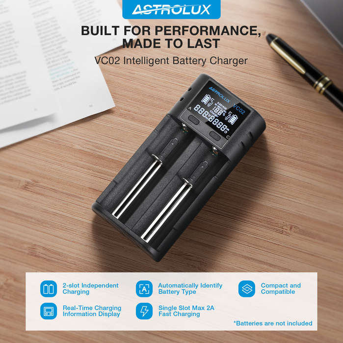 Black - Astrolux VC02 Intelligent 2-Slot LCD Battery Charger Type-C 2A Quick Charge Mix-charging of