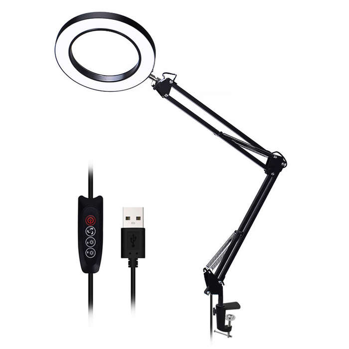 Flexible Desk Large 22cm+22cm 5X USB LED Magnifying Glass 3 Colors Illuminated Magnifier Lamp Loupe
