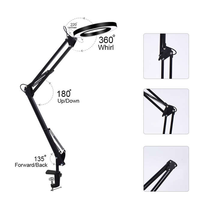 Flexible Desk Large 22cm+22cm 5X USB LED Magnifying Glass 3 Colors Illuminated Magnifier Lamp Loupe