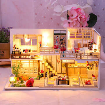 Wooden Crafts DIY Handmade Assembly 3D Doll House Miniature Furniture Kit with LED Light Toy for Kid