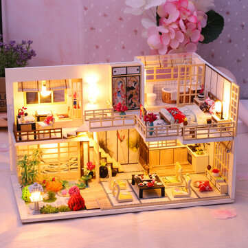 Wooden Crafts DIY Handmade Assembly 3D Doll House Miniature Furniture Kit with LED Light Toy for Kid