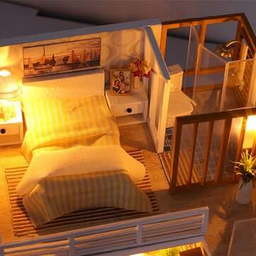 DIY Mini Dollhouse Kit Wooden Furniture Kit Handmade Miniature House with LED Light Assembling Doll