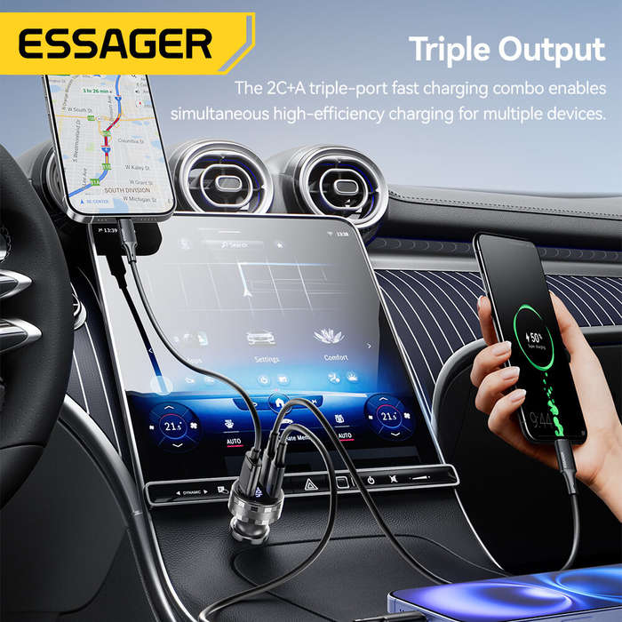 Black - ESSAGER ES-CC25 108W 3-Port USB PD Car Charger Adapter USB-A+2USB-C PD3.0 QC3.0 Support FCP