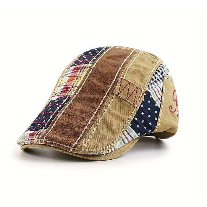 Black - Collrown British Style Men's Beret Cap with Stitching Plaid Pattern Vintage Peaked Cap for A