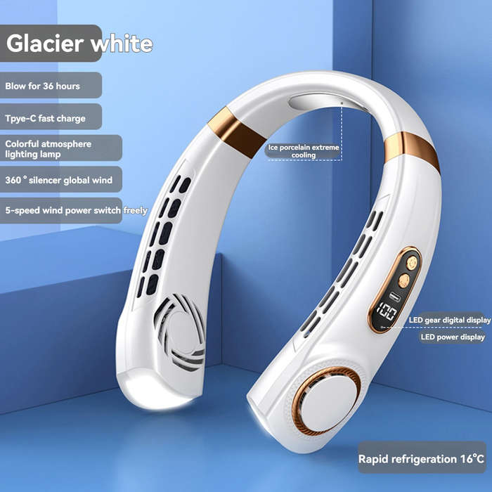 Blue - 1800mAh Portable Hanging Neck Fan Top Version Battery Display Colorful Breathing Light Portab