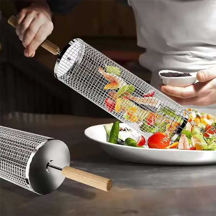 Type A - BBQ Grill Basket Round BBQ Cage Outdoor BBQ Smoking Cage Portable BBQ Net Rotating Drum Sta