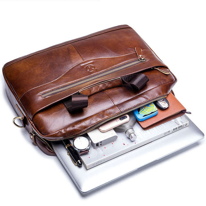 Brown - BULLCAPTAIN 14 inch Laptop Men's Genuine Leather Briefcase Office Business Large Capacity Ha