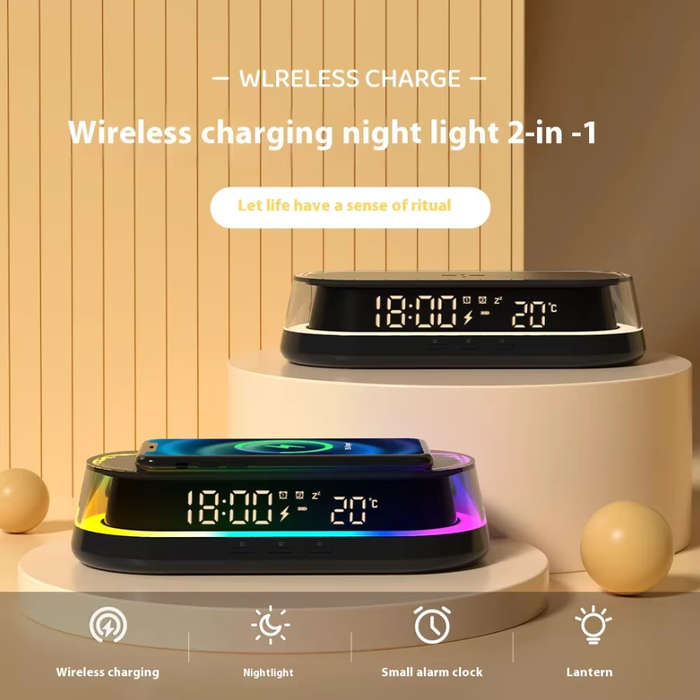 Black - 3 in 1 LED Symphony Night Lights Digital Clock Display 15W Wireless Charging Mobile Phone Ho