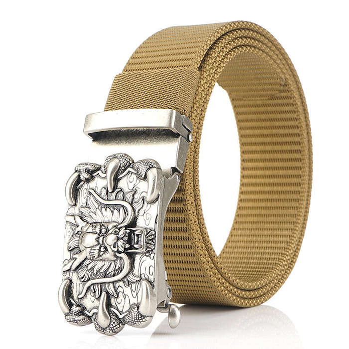 Khaki - ZANLURE Men's High-Grade Nylon Tactical Belt with Dragon Pattern Toothless Automatic Alloy B