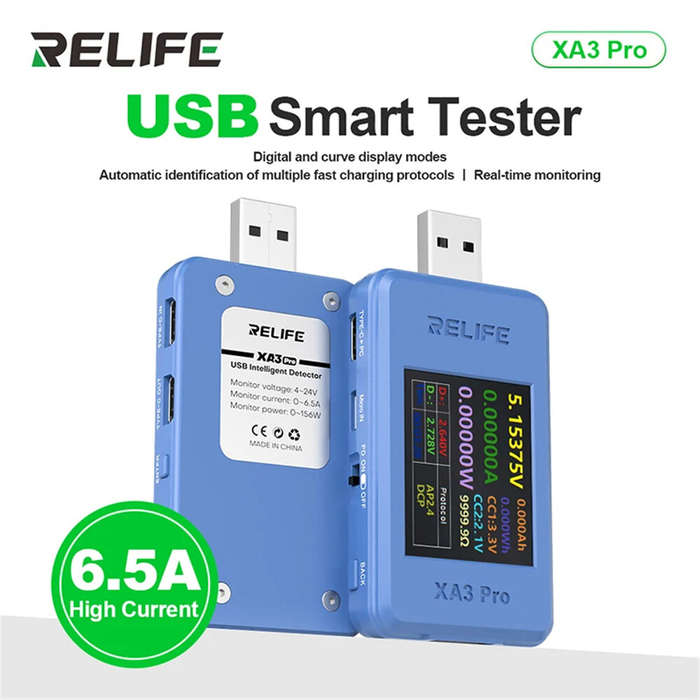 RELIFE XA3 Pro USB Smart Tester PD QC2.0 QC3.0 Fast Charge 6.5A High Current 156W Power Measurement