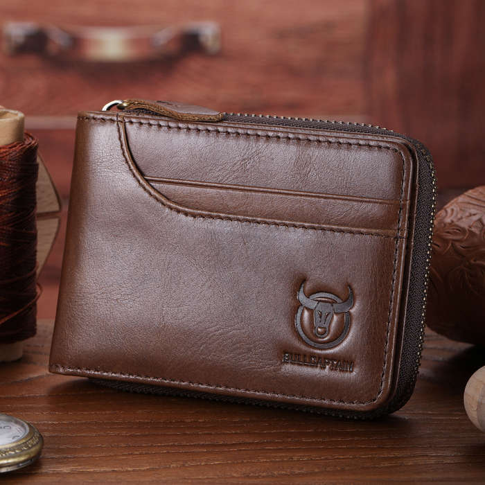 Coffee - BULLCAPTAIN Men Short Wallet RFID Blocking Card Holder Cowhide Coin Purse Retro Genuine Lea