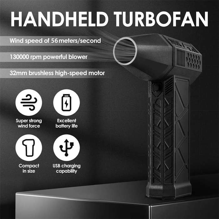 Black - Handheld Mini Turbo Fan 130000RPM 56m/s 3 Speed Adjustable High-Speed Motor Energy Efficient