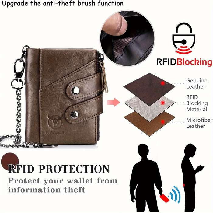 Yellow/Brown - BULLCAPTAIN Genuine Leather Mens Wallet RFID Blocking Short Wallet with Chain Multifu