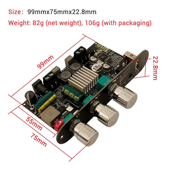 Black - Wuzhi ZK-1001U Audio Bluetooth Amplifier Board Mono 100W TPA3116D2 with Treble Bass Control