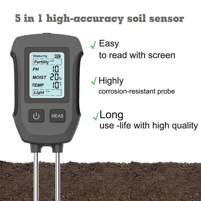 Black - 5 in 1 Soil Tester PH Moisture Temp Fertility Light Sensor Digital LCD Meter Humidity Monito