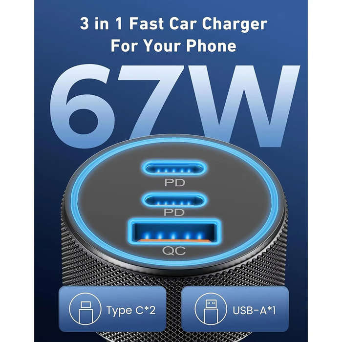 Black - 3-Port USB C Car Charger Adapter 67W Car Charger Dual USB-C & USB-A Car Power Adapter PD/QC