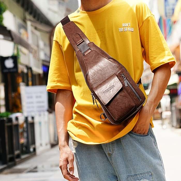 Brown - WEIXIER Men's Casual Chest Bag, Messenger Bag, Men's Bag, Leisure Backpack, Sports Diagonal