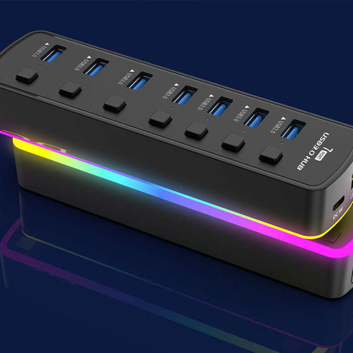 Black - 7 in 1 RGB USB3.0 Hub Docking Station with 5Gbps USB3.0*7 Multiports Splitter Adapter with I