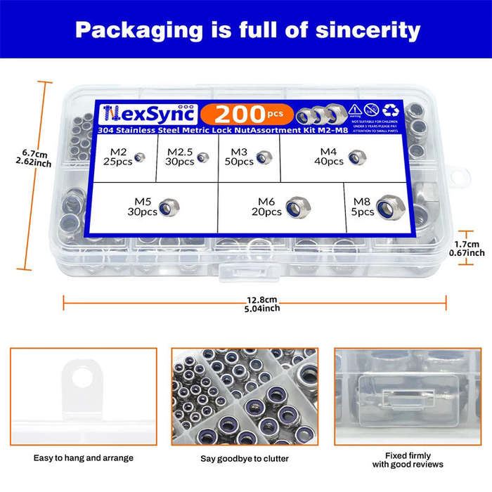 with box - 200pcs DIN985 Hex Nylon Insert Self Lock Nut Nylock Locknut Assortment Kit Set M2 M2.5 M3