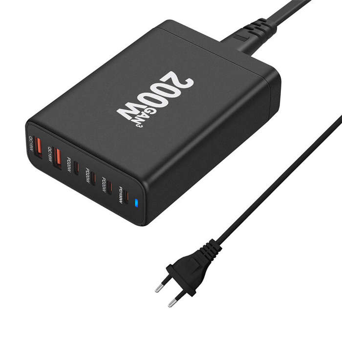 EU Plug - [GaN Tech] 200W 6-Port USB PD Charger 2USB-A+4USB-C Fast Charging Desktop Charging Station