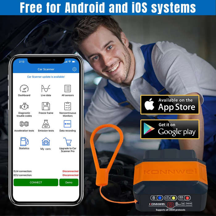 Black - Konnwei KW906 OBD2 ELM327 V1.5 Pic18F25K80 OBD 2 Bluetooth 5.0 Scanners Car Diagnostic tool