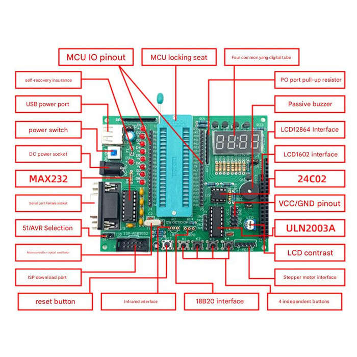 DIY Kit - DIY JZ-K3 C51 Microcontroller Development Kit MAX232 USB DC Port Self-Reset Protection Mul