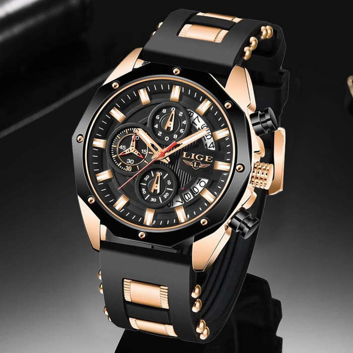 Black+Gold - LIGE Men Watches with Silicone Strap Waterproof Chronograph Quartz Watch Luminous Calen