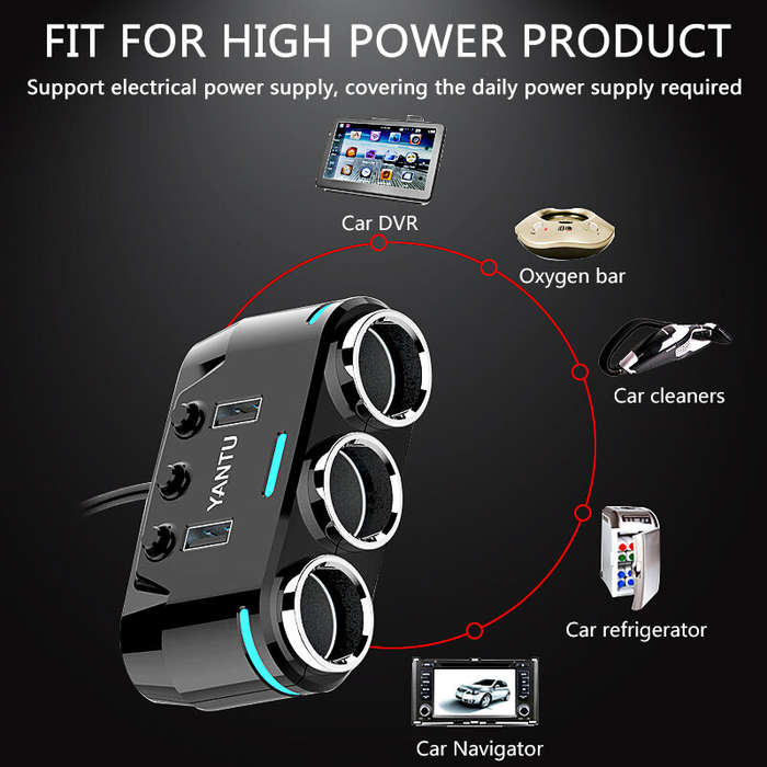 YANTU 12V-24V Car Charger Charging Port 3.1A QC3.0 Fast Charger Car Power Socket With 3 Charging Cab