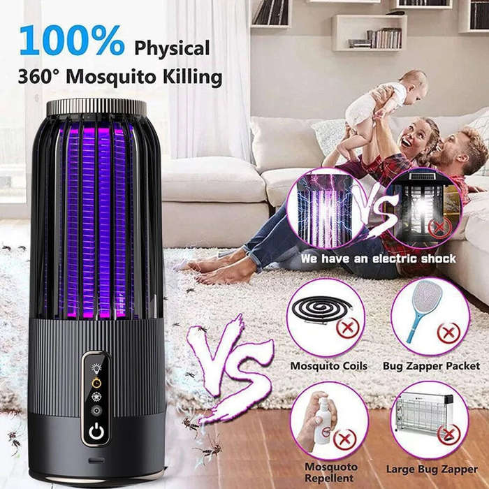 Grey - Solar Powered & USB Rechargeable Mosquito Lamp With Adjustable 2/4/6H Timer Folding Hanging R