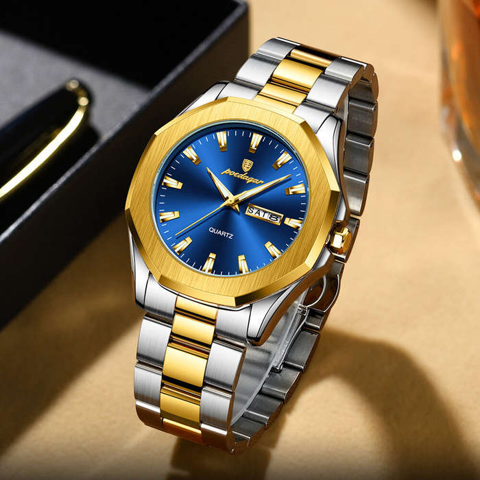 Blue - POEDAGAR Fashion Waterproof Business Quartz Watch Calendar Week Luminous Stainless Steel Stra