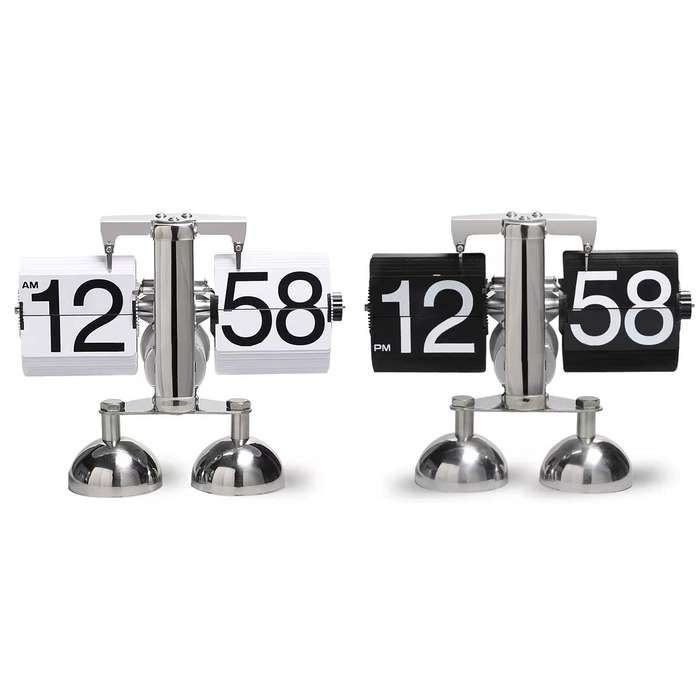 Black - Vintage European Style Mechanical Flip Clock with Dual Feet Page Turning Clock Stainless Ste