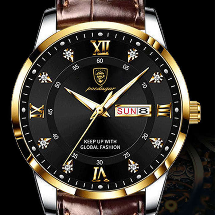 White - POEDAGAR Luxury Rhinestone Business Men Quartz Watch Calendar Week Luminous Pointer Leather