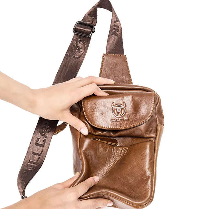 Brown - BULLCAPTAIN Retro Genuine Leather Men's Chest Bag Comfy Adjustable Shoulder Strap Crossbody