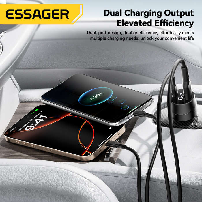 Black - ESSAGER ES-CC19 140W 2-Port USB PD Car Charger USB-A+Type-C Support PD3.1 QC3.0 AFC FCP SCP