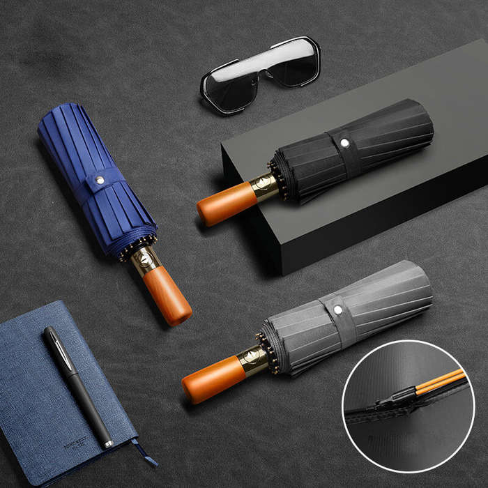 Black - 16-Bone Double Fully Automatic Rain Umbrella Keel Wooden Handle Sun Protection Umbrellas Lar