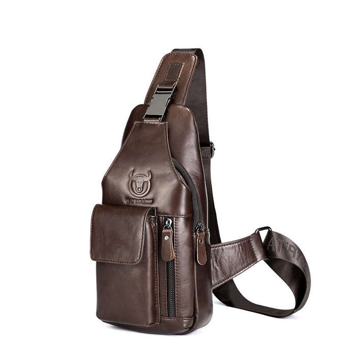 Coffee - BULLCAPTAIN 8-inch Genuine Leather Chest Bag Retro Large Capacity Mens Crossbody Bag Fashio