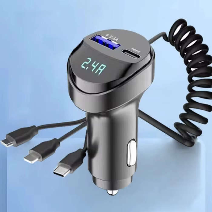 Black - 3 In 1 Car Multi-function 2 Ports 55W USB Car Charger Fast Charging USB Retractable Charging