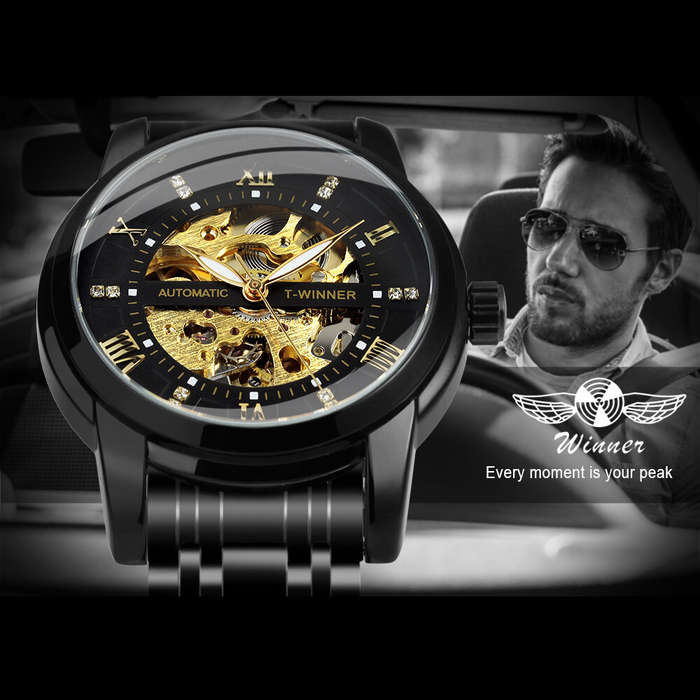 Gold - Classic Mechanical Watches Luxury Diamond Dial Black Gold Skeleton Automatic Mens Watch Stain