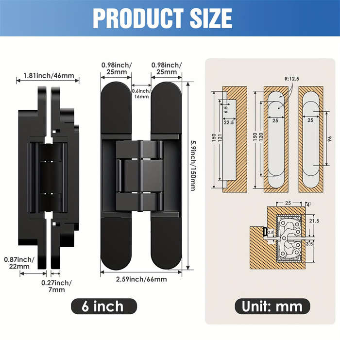 Black - 6 Inch Invisible Silent Door Hinges 180 Degree Swing 3 Way Adjustable Premium Zinc Alloy Hea
