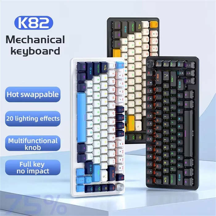 Blue - K82 Type-C Wired Mechanical Keyboard with Knob 75% Layout PCB Hot Swappable Backlight 82 Keys