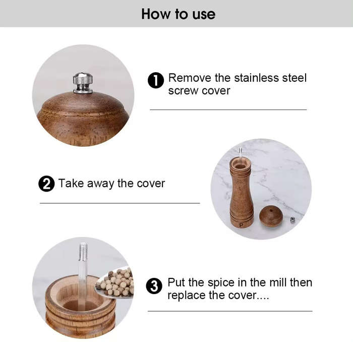 8 inch - Classic Manual Salt Mill Wooden Pepper Grinder Set Salt Grinder Refillable Pepper Mill Pepp