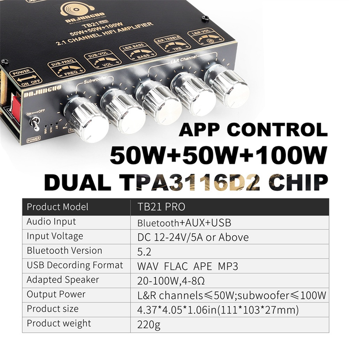 Black - ZK-TB21 PRO 2.1 Channel 5.2 Stereo bluetooth Amplifier Board 50W+50W+100W TPA3116D2 Chip AUX