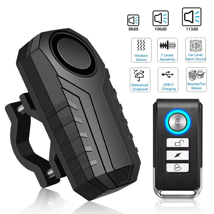Black - Bicycle Alarm 113dB Anti-Theft Wireless Vibration Remote Control Bike Motorbike Alarms Home