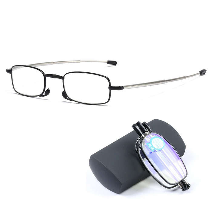 +200 - Foldable Reading Glasses Men Women Metal Frame Blue Light Resistant EyeGlasses with Bag Presc