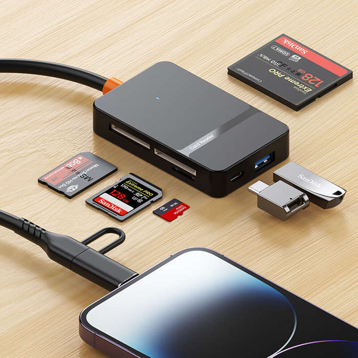 Black - 8-in-1 USB3.0 Card Reader with Type-C/Lightnig Interface Micro SD TF CF MS Memory Card Adapt